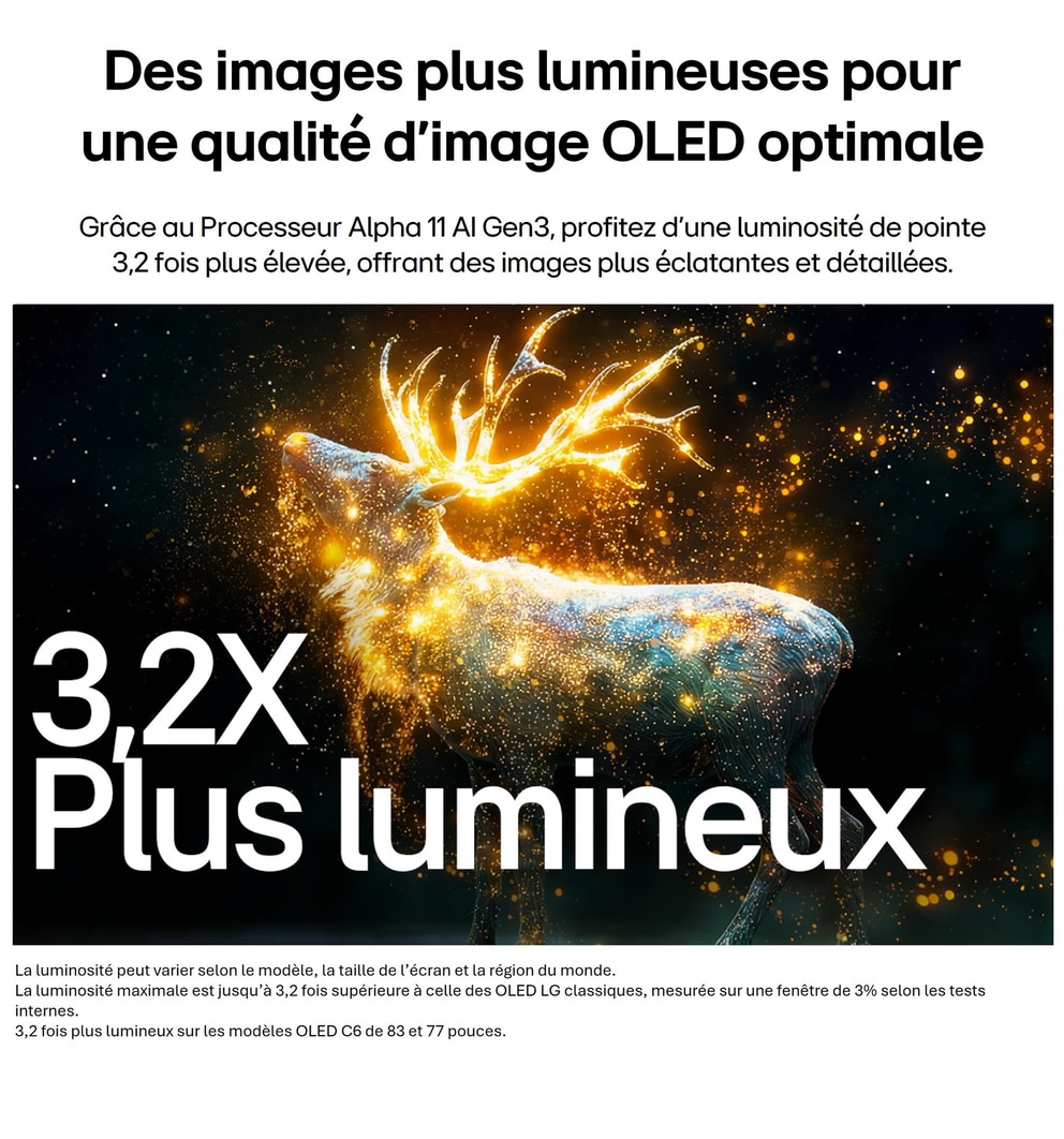 LG OLED evo AI C6 avec Brightness Booster Pro montre une scène sombre où des particules brillantes entourent une silhouette de cerf, offrant une luminosité de pic jusqu’à 3,2 fois plus intense avec une luminance plus élevée et des détails plus nets.